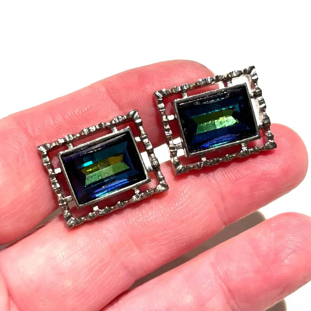 Vintage Mid Century Silver Cufflinks Textured Faceted aqua blue green centers